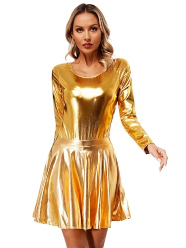 YiZYiF Damen Silber Metallic Body Langarm Glänzend Mini Skater Rock Set Glitzer Rave Festival Tanzkostüm Fasching Disco Party Clubwear Gold XL von YiZYiF