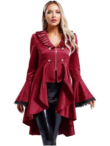 YiZYiF Damen Steampunk Frack Mittelalter Mantel Viktorianische Renaissance Jacke Trenchcoat Lang Hi-Low-Saum Karneval Halloween Kostüm Burgundy M von YiZYiF