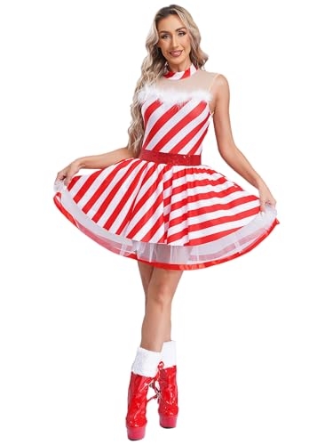 YiZYiF Damen Weihnachtskostüm Zuckerstangen Weihnachtselfe Kleid ärmellos Weihnachtskleid Tutu Ballett Tanzkleid Trikot X-Mas Outfit Rot 3XL von YiZYiF