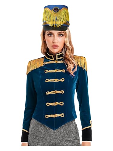 YiZYiF Damen Zirkus Kostüm Ringmaster Jacke Und Trommler Hut Halloween Fasching Kostüm Royal Guard Ehrengarde Outfit Dunkelblau&Fransen-Hut 3XL von YiZYiF