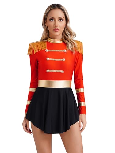 YiZYiF Damen Zirkus Kostüm Zirkusdirektor Kleid Bodysuit Halloween Karneval Kostüm Circus Manege Verkleidung Tanz Trikot Party Outfits C_Rot L von YiZYiF