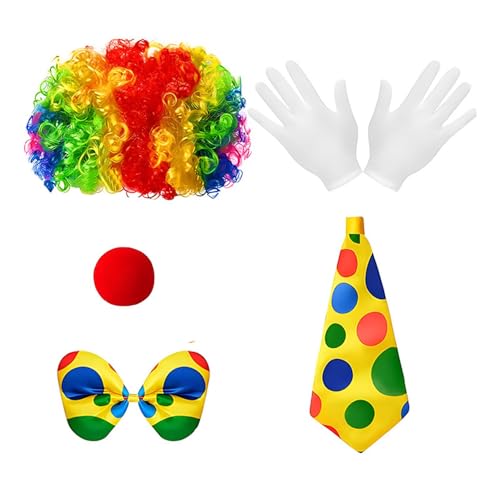 YiZYiF Erwachsene Clown Kostüm Set Lockige Perücke Punkte Fliege Weste Rote Clownsnase Clown Schuhe Handschuhe Zirkus Cosplay Party Karneval Fasching Typ C One Size von YiZYiF