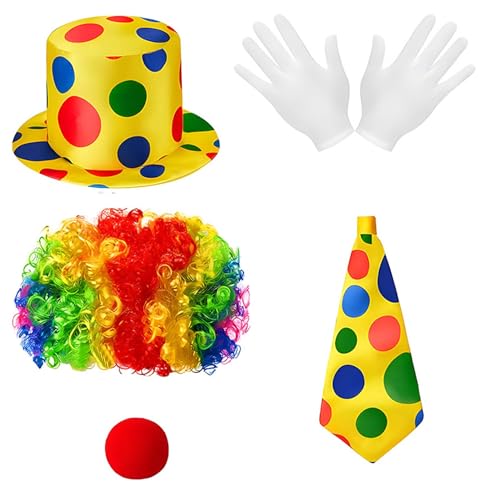 YiZYiF Erwachsene Clown Kostüm Set Lockige Perücke Punkte Fliege Weste Rote Clownsnase Clown Schuhe Handschuhe Zirkus Cosplay Party Karneval Fasching Typ H One Size von YiZYiF