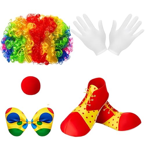 YiZYiF Erwachsene Clown Kostüm Set Lockige Perücke Punkte Fliege Weste Rote Clownsnase Clown Schuhe Handschuhe Zirkus Cosplay Party Karneval Fasching Typ I One Size von YiZYiF