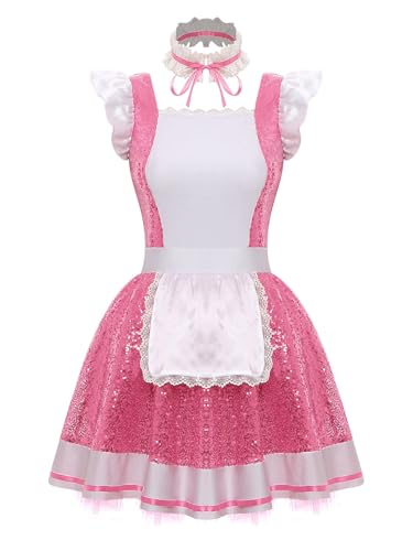 YiZYiF Frauenkostüm Dienstmädchen Anime French Maid Schürze Pailletten Tutu Kleid Halsband 3er Karneval Faschingskostüm Party Outfit Rosa 3XL YiZYiF Frauenkostüm Dienstmädchen Anime French Maid Schürze Pailletten Tutu Kleid Halsband 3er Karneval Faschingskostüm Party Outfit Rosa 3XL von YiZYiF
