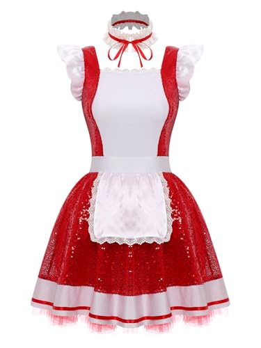 YiZYiF Frauenkostüm Dienstmädchen Anime French Maid Schürze Pailletten Tutu Kleid Halsband 3er Karneval Faschingskostüm Party Outfit Rot S YiZYiF Frauenkostüm Dienstmädchen Anime French Maid Schürze Pailletten Tutu Kleid Halsband 3er Karneval Faschingskostüm Party Outfit Rot S von YiZYiF