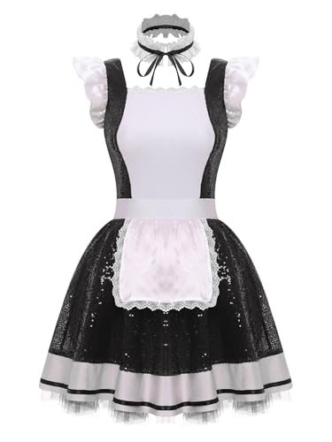YiZYiF Frauenkostüm Dienstmädchen Anime French Maid Schürze Pailletten Tutu Kleid Halsband 3er Karneval Faschingskostüm Party Outfit Schwarz XL YiZYiF Frauenkostüm Dienstmädchen Anime French Maid Schürze Pailletten Tutu Kleid Halsband 3er Karneval Faschingskostüm Party Outfit Schwarz XL von YiZYiF