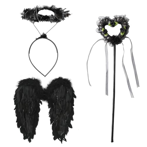 YiZYiF Halloween Kinder Engelsflügel mit Heiligenschein Feenstab Set Engel Dämon Feder Flügel Angel Wings Weihnachten Fasching Mottoparty Schwarz One Size von YiZYiF