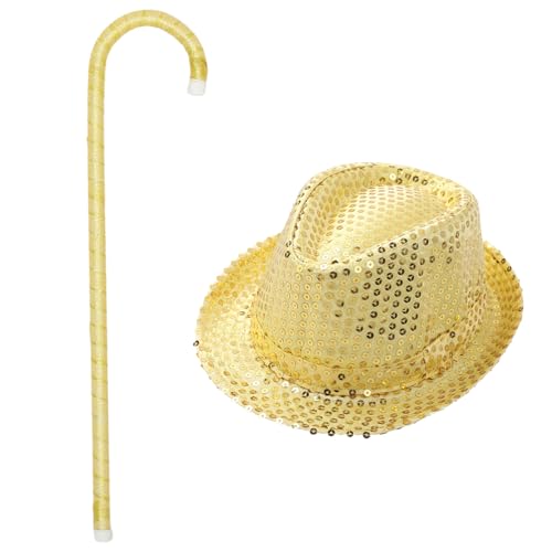 YiZYiF Halloween Kinder Pailletten Hut Tanzstock Requisiten Glänzende Fedora Hut 50cm Jazz-krücke Karneval Fasching Mottoparty Kostüm Zubehör Gold One Size von YiZYiF