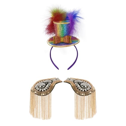 YiZYiF Halloween Mini Zylinder Hut Haarreif mit Tassel Epauletten Set Ringmaster Kostüm Zubehör Vintage Fascinator Schulterklappe Fasching Mottoparty Typ C One Size von YiZYiF