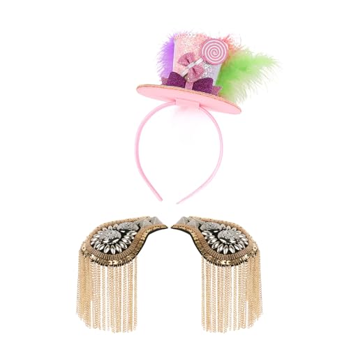 YiZYiF Halloween Mini Zylinder Hut Haarreif mit Tassel Epauletten Set Ringmaster Kostüm Zubehör Vintage Fascinator Schulterklappe Fasching Mottoparty Typ D One Size von YiZYiF