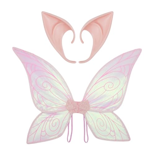 YiZYiF Halloween Prinzessin Schmetterling Flügel mit Elfenohren Set Glitzer Feenflügel Spitzohren Zauberwelt Elfenflügel Cosplay Fasching Karneval Typ D One Size von YiZYiF