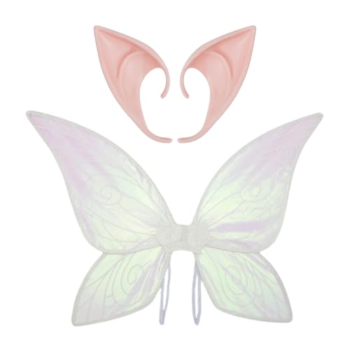 YiZYiF Halloween Prinzessin Schmetterling Flügel mit Elfenohren Set Glitzer Feenflügel Spitzohren Zauberwelt Elfenflügel Cosplay Fasching Karneval Typ F One Size von YiZYiF