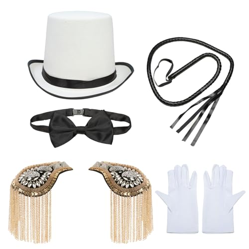 YiZYiF Halloween Ringmaster Cosplay Accessoires Top Hut Quasten Schulterklappen Fliege Peitsche Handschuhe Gehstock Magier Zauberer Kostüm Mottoparty Typ J One Size von YiZYiF