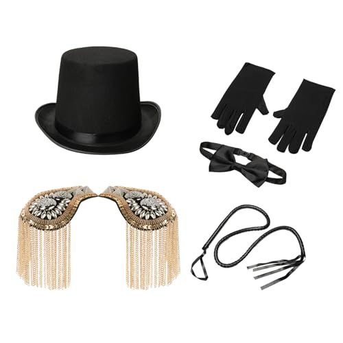 YiZYiF Halloween Ringmaster Cosplay Zubehör Quasten Schulterklappen Schwarz Top Hut Handschuhe Fliege Peitsche Magier Kostüm Rollenspiel Mottoparty Requisiten Typ A One Size von YiZYiF