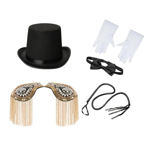 YiZYiF Halloween Ringmaster Cosplay Zubehör Quasten Schulterklappen Schwarz Top Hut Handschuhe Fliege Peitsche Magier Kostüm Rollenspiel Mottoparty Requisiten Typ B One Size von YiZYiF