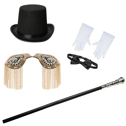 YiZYiF Halloween Ringmaster Cosplay Zubehör Quasten Schulterklappen Schwarz Top Hut Handschuhe Fliege Peitsche Magier Kostüm Rollenspiel Mottoparty Requisiten Typ D One Size von YiZYiF