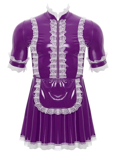 YiZYiF Herren Dienstmädchen Kostüm Lack Kleid Sissy Putzfrau Kostüm Männer Karneval Halloween Junggesellenabschied Outfit Violett 3XL von YiZYiF