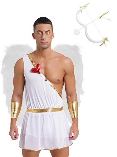 YiZYiF Herren Kostüm Amor Pfeil Und Bogen Federflügel Mit Overall Gott Der Liebe Valentinstag Karneval Kostüm Mottoparty Outfit Weiß 3XL von YiZYiF