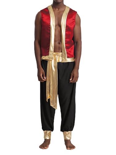 YiZYiF Herren Kostüm Arabisches Prinz Orient Weste Hose Fasching Halloween Kostüm Männer Märchen Prinz Mottoparty Cosplay Outfit Rot&Schwarz L von YiZYiF