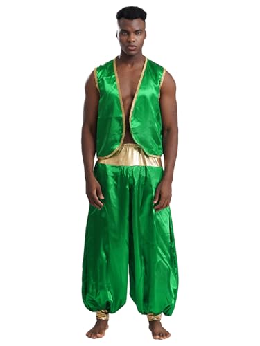 YiZYiF Herren Orient Arabischer Prinz Kostüm Weste Aladdinhose Set Männer Fasching Halloween Kostüm Mottoparty Outfit Grün&Grün M von YiZYiF