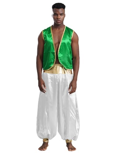 YiZYiF Herren Orient Arabischer Prinz Kostüm Weste Aladdinhose Set Männer Fasching Halloween Kostüm Mottoparty Outfit Grün&Weiß 3XL von YiZYiF