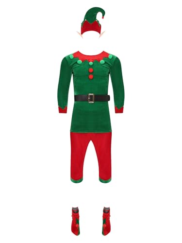 YiZYiF Herren Weihnachtself Kostüm Elfen Kleidung Zubehör Santa Helfer Cosplay 7er Set Für Weihnachten Karneval Halloween Party Rot&Grün 3XL von YiZYiF