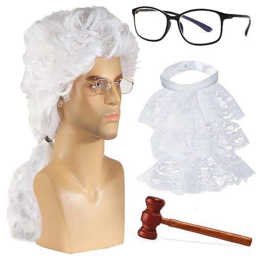 YiZYiF Judge Richter Kostüm Accessory Barocke Perücke Richterhammer Spitzen Rüschen Jabot Brille Set Anwalt Cosplay Halloween Party Favor 4 Stück B One Size von YiZYiF