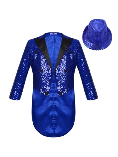 YiZYiF Kinder Jungen Frack Gothic Glitzer Pailletten Mantel Langarm Und Paillettenhut Set Party Fasching Anschlussball Show Kleidung Blau 110-116 von YiZYiF