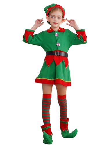 YiZYiF Kinder Kostüm Weihnachtself Kleid Mit Elfhut Elfohren Weihnachtself Strümpfe Schuhe Mädchen Elfen Outfit Weihnachten Wichtel Set Grün 110-116 von YiZYiF