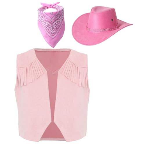 YiZYiF Kinder Western Cowboy Cosplay Zubehör Cowboyhut Halstuch Cowboy Weste Set Junge Mädchen Kostüm Halloween Fasching Karneval Rosa 170 von YiZYiF