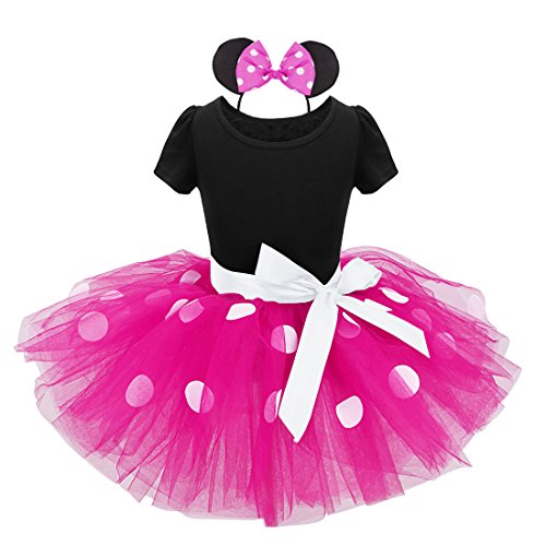 YiZYiF Mädchen Kinder Kostüm Ballettkleid Geburtstag Party Karneval Fasching Cosplay Halloween Kostüm Kleid mit Ohren (98-104, Schwarz + Dunkel Rosa) von YiZYiF