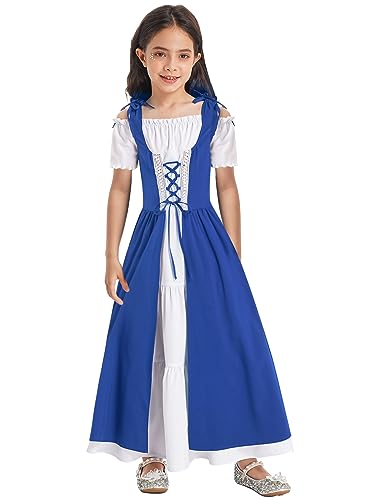 YiZYiF Mädchen Mittelalterliches Kleid Renaissance Prinzessin Kleid Kurzarm Kinder Karneval Hallwoeen Partykleid Festkleid Ballkleid Blau_A 170 von YiZYiF