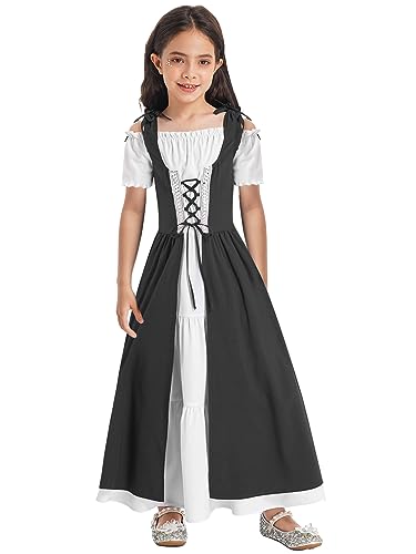 YiZYiF Mädchen Mittelalterliches Kleid Renaissance Prinzessin Kleid Kurzarm Kinder Karneval Hallwoeen Partykleid Festkleid Ballkleid Schwarz_A 170 von YiZYiF