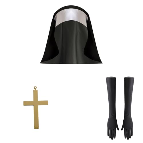 YiZYiF Nonne Schwester Kostüm Set Nonnenhaube Kreuz Anhänger Halskette Kniestrümpfe Handschuhe Nonnen Kloster Cosplay Outfit Zubehör 3 Stück One Size von YiZYiF