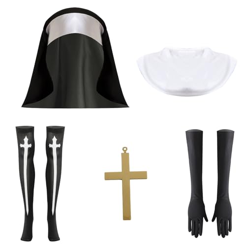 YiZYiF Nonne Schwester Kostüm Set Nonnenhaube Kreuz Anhänger Halskette Kniestrümpfe Handschuhe Nonnen Kloster Cosplay Outfit Zubehör 5 Stück One Size von YiZYiF