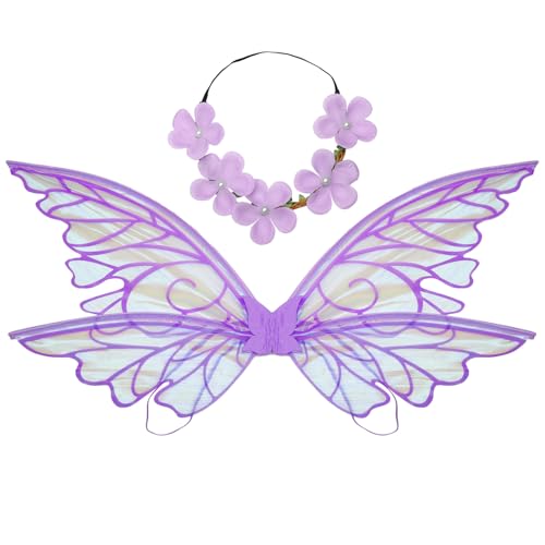 YiZYiF Prinzessin Feenflügel mit Blumenkranz Stirnband Set Halloween Elfenflügel Party Engelsflügel Schmetterling Flügel Fasching Karneval Mottoparty Cosplay Violett One Size von YiZYiF