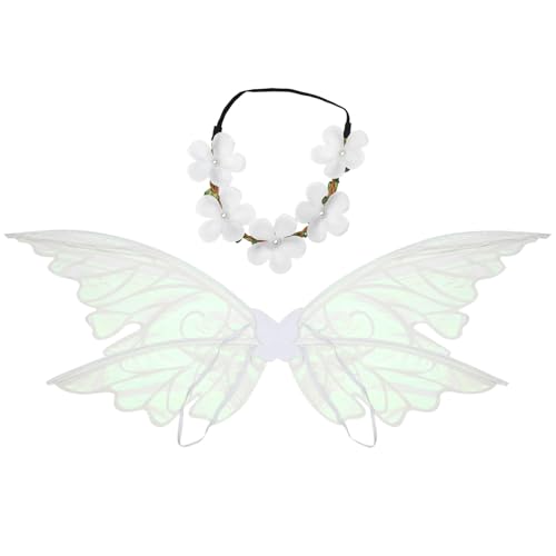 YiZYiF Prinzessin Feenflügel mit Blumenkranz Stirnband Set Halloween Elfenflügel Party Engelsflügel Schmetterling Flügel Fasching Karneval Mottoparty Cosplay Weiß One Size von YiZYiF