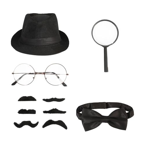 YiZYiF Unisex Halloween Detektiv Cosplay Set Schwarz Melonenhut Fliege Schnürrbarte Brille Lupe Mafia-Kostüm Accessoires Mottoparty Fasching Schwarz One Size von YiZYiF