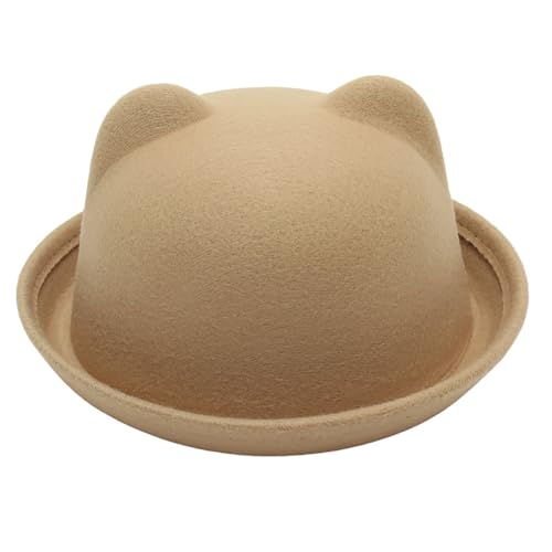 YiZYiF Unisex Melone Bowler Hut mit Kawaii Bär Ohren Filz Jazz Hut Fedora Hut Sonnenhut Partyhut Kopfbedeckung für Fasching Karneval Tanzen Kamel Kids Einheitsgröße von YiZYiF