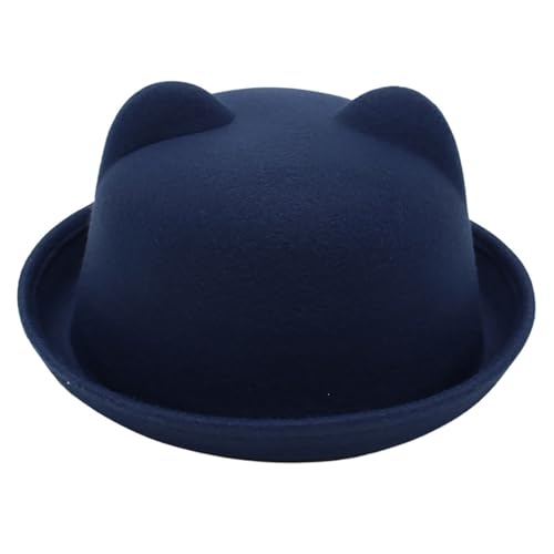 YiZYiF Unisex Melone Bowler Hut mit Kawaii Bär Ohren Filz Jazz Hut Fedora Hut Sonnenhut Partyhut Kopfbedeckung für Fasching Karneval Tanzen Marineblau Adult Einheitsgröße von YiZYiF