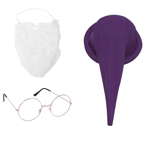 YiZYiF Weihnachten Zwergkostüme Zwergenmütze mit Brille Fake Bart Set Märchen Wichtelmütze Zipfelmütze Lustiges Weihnachtselfen Cosplay Mottoparty Fasching Violett One Size von YiZYiF