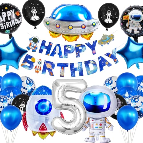 YianHien Astronaut Kindergeburtstag Deko 5 Jahre, 25 Stück Weltraum Theme Party Geburtstag Luftballons Set für 5 Jahre Kinder, XXL Raketen Raumschiff Astronaut Folienballon mit Happy Birthday Girlande von YianHien