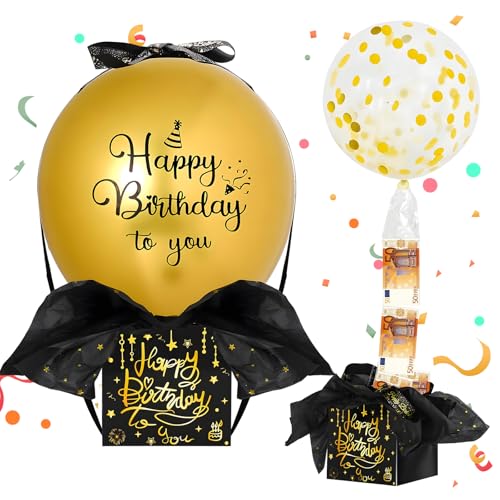 YianHien 46 Stücke Geldgeschenke Geburtstag Überraschungsbox mit Luftballons, DIY Schwarz Gold Geldgeschenke Verpackung für Familie Freunde Kollegen, Luftballon Pull Up Geburtstag Geld Geschenk von YianHien