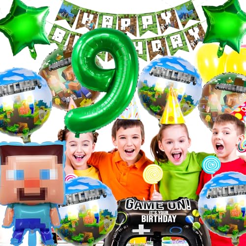 YianHien Minecraft Kindergeburtstag Deko 9 Jahre, 12 Stück Geburtstag Pixel Luftballons Dekoration für 9 Jahre Kinder Jungen Mädchen Miner Gamer, Folienballon Geburtstag Theme Party Deko mit Banner von YianHien