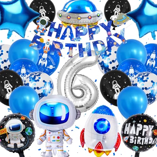 YianHien Weltraum Geburtstagsdeko 6 Jahre Jungen, 25 Stück Weltraum Geburtstag Deko Kinder Theme Party Luftballons, XXL Astronaut Rakete Folienballon Set mit Happy Birthday Girlande für 6 Jahre Kinder von YianHien