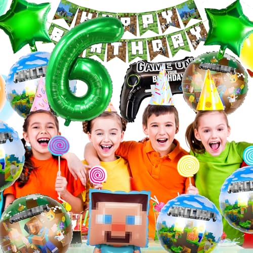 YianHien Kindergeburtstag Jungen für 6 Jahre, 12Pcs Pixel Gaming Luftballon Geburtstag Deko für 6 Jahre Jungen & Mädchen Gamer, Theme Party Deko mit Happy Birthday Banner von YianHien