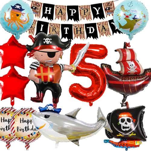 YianHien Piraten Deko Kindergeburtstag für 5 Jahre Junge, Kindergeburtstag Piratenparty Luftballons Deko Set, Piraten Geburtstag Deko mit Banner & Zahlenballons, XXL Piratenschif Folienballons von YianHien