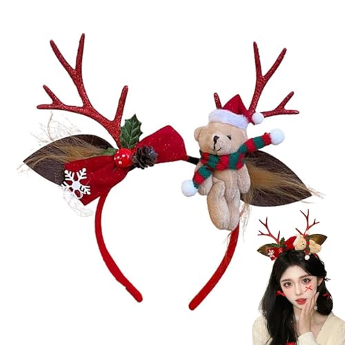 Yianyal Hirschgeweih Weihnachten Stirnband - Dress Up Kostüm Stirnband - Dress Up Haarbänder Weihnachten Schleife Plüsch Bär Hairhoop Kostüm Zubehör für Cosplay von Yianyal