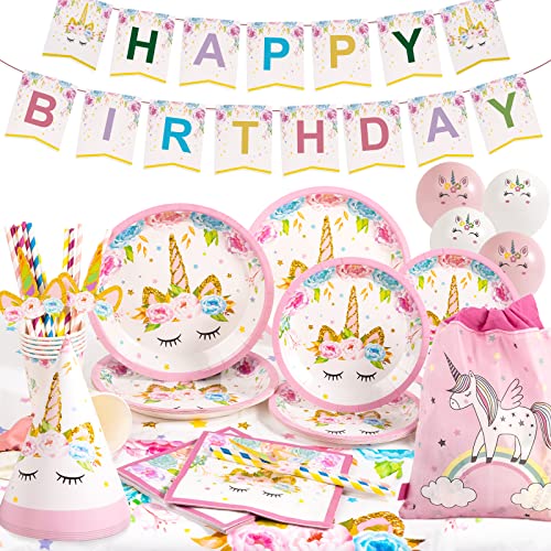 Yidaxing Einwegteller Einhorn, 131 Pcs Dekorationen Geburtstage Einhorn Party Kit Tischdecke Abdeckung Alles Gute zum Geburtstag Banner Tasche Luftballons für Kinder Geburtstag Mädchen (16 Gäste) von Yidaxing